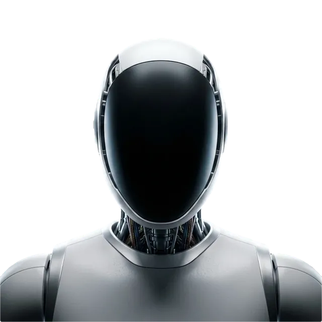 A humanoid robot with a sealed black face panel