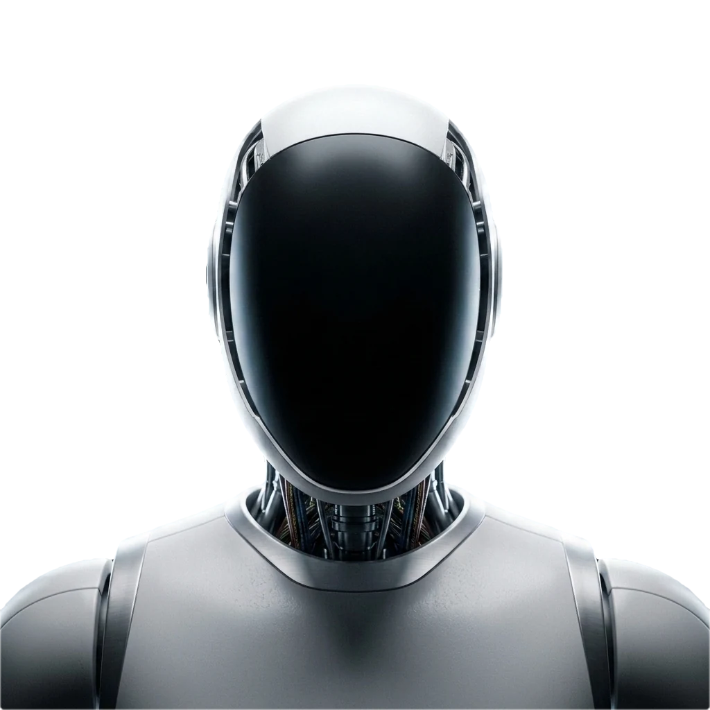 A humanoid robot with a sealed black face panel